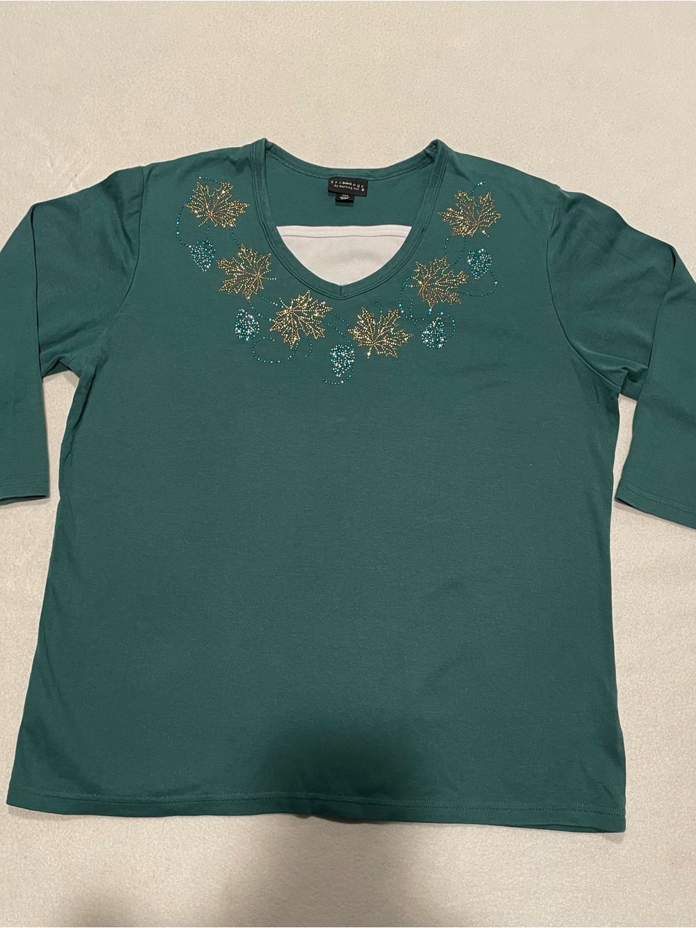 Morning sun, Embellished Teal V-Neck Women's Top, shimmery leaves, XL